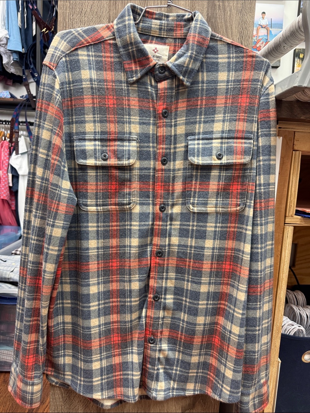 True Grit Men's Plaid Button-Down Shirt in Blue, Red & Cream